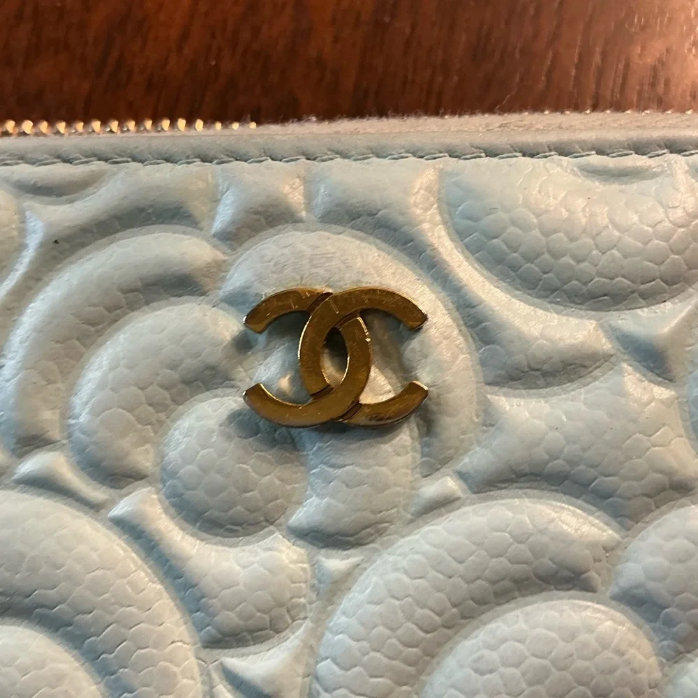 Beautiful Chanel Camellia Coco Mark Coin Case Wallet Light Blue